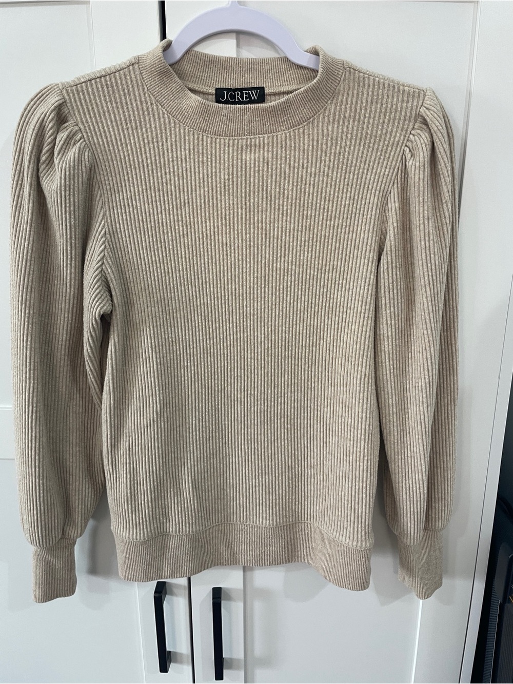 J. Crew Ribbed Puff-Sleeve Crewneck Sweater in Light Beige